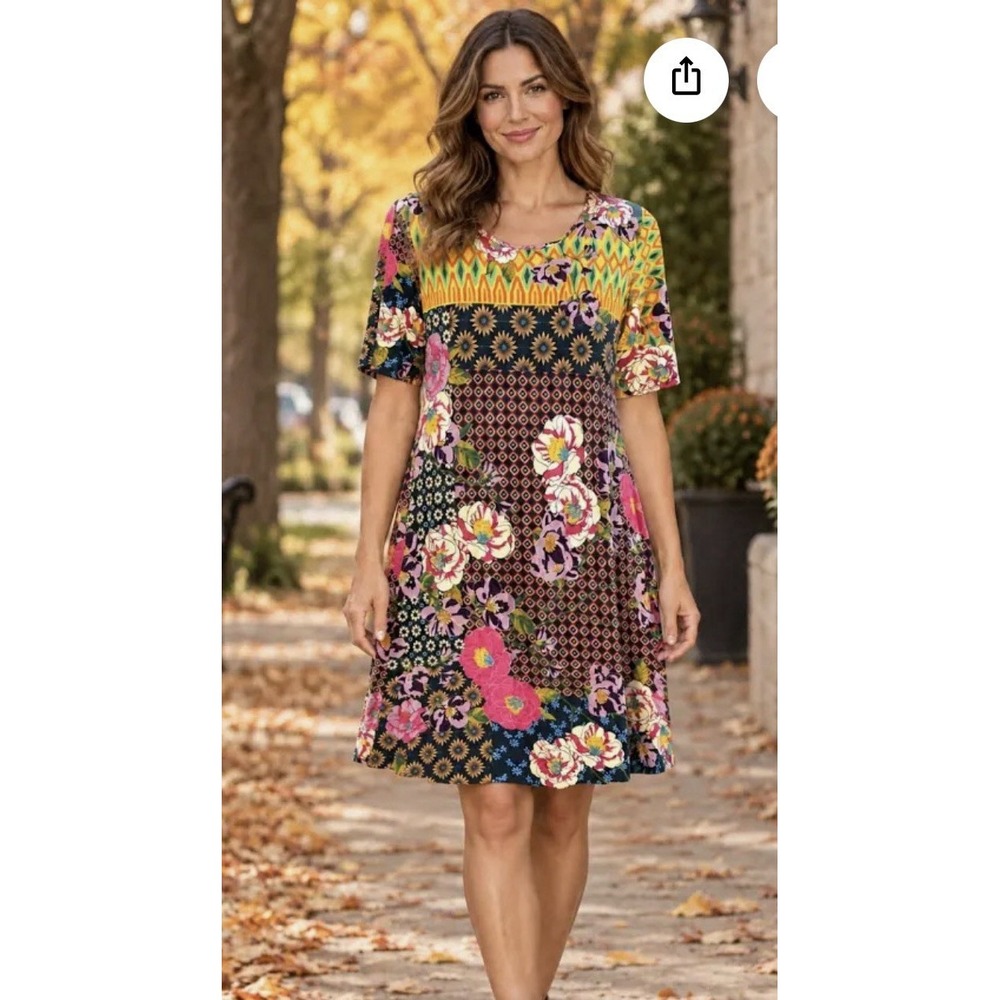 Johnny Was Marcel Bamboo Dress XL Floral Patchwork Boho Artsy Comfort Resort